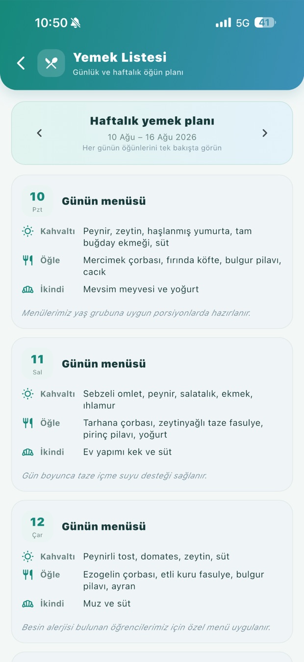 Minikra yemek menüsü
